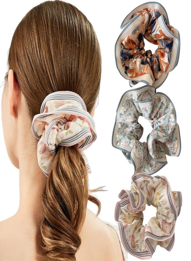 Ouliget Large Floral Scrunchies, Oversized Retro Oil Painting Satin Hair Ties,Jumbo Silk Stretchy Scrunchie for Sleep No Damage,3 Pieces - Image 1